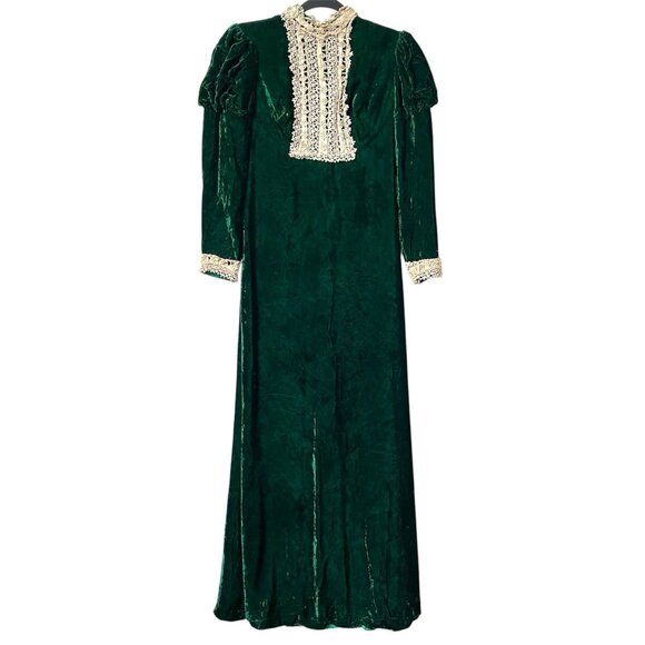 Vintage Green Velvet Victorian Dress 80s Handmade Lace Puff Sleeve Goth Whimsy - Picture 1 of 16